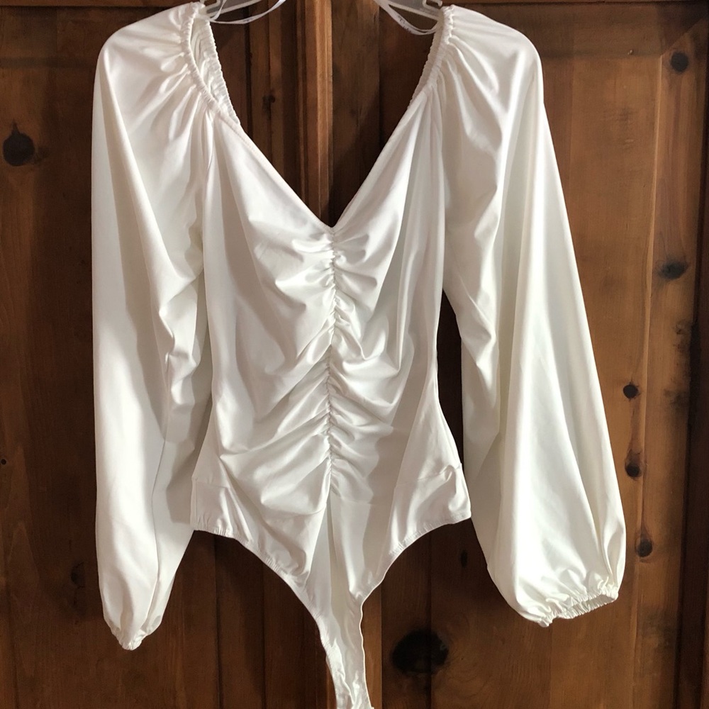 Elegant White Ruched Women's Bodysuit